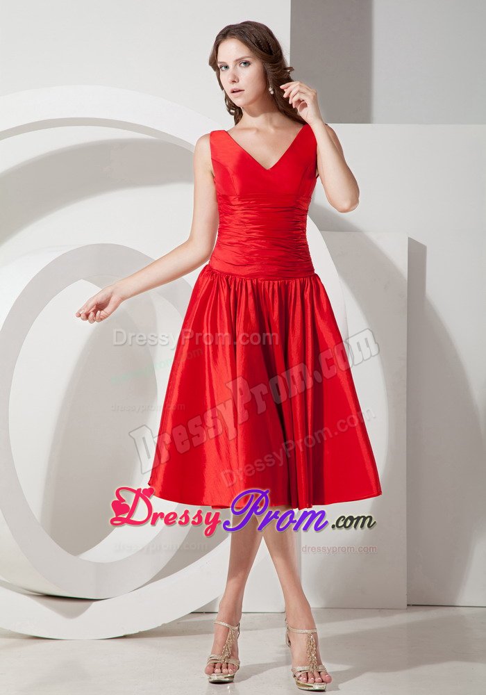 Chinese Red A-line / Princess V-neck Taffeta Quince Dama Dresses