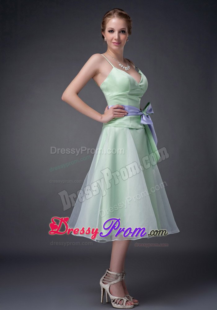 Apple Green Sweet 15 Dresses Organza Spaghetti Straps Bowknot