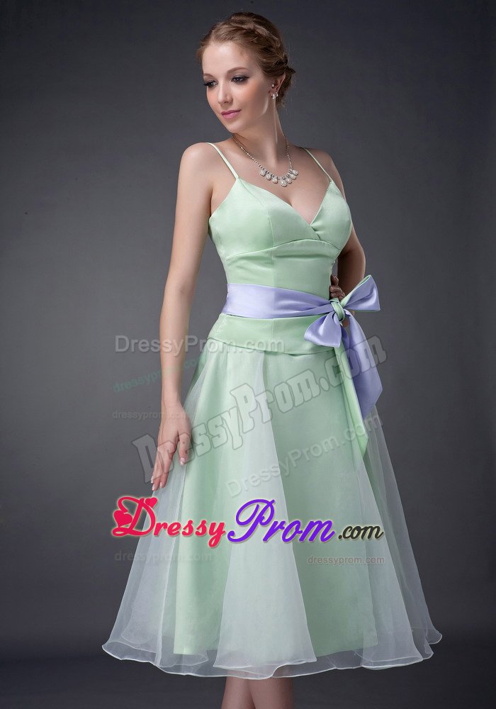 Apple Green Sweet 15 Dresses Organza Spaghetti Straps Bowknot
