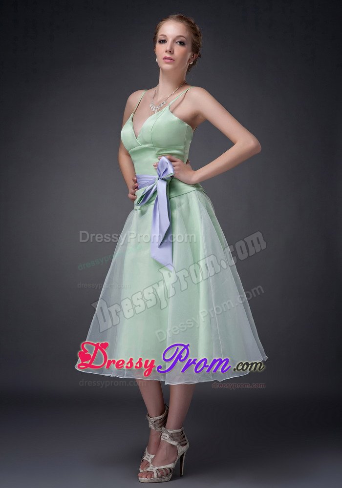 Apple Green Sweet 15 Dresses Organza Spaghetti Straps Bowknot