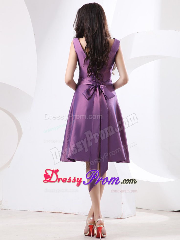 Purple V-neck Sash Quinceanera Gowns Dresses with Knee-length