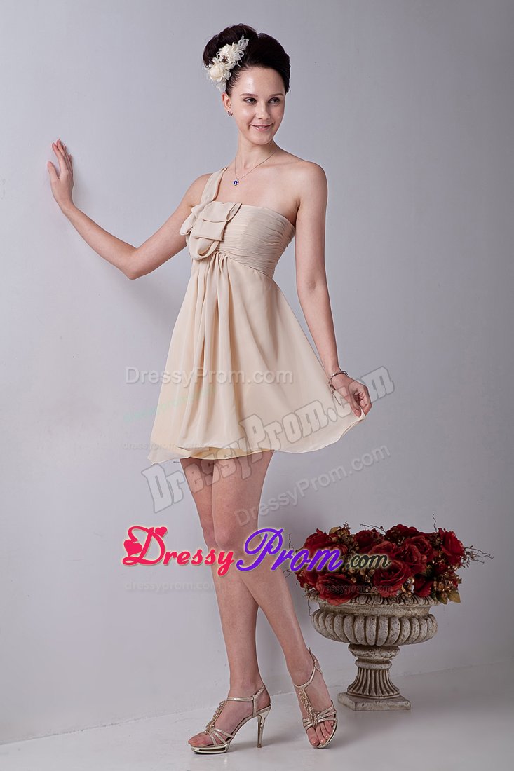 Champagne Mini-length Ruched One Shoulder Chiffon Dama Dresses