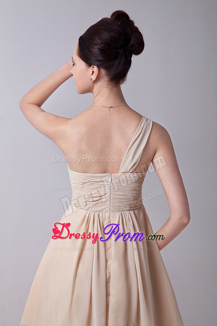 Champagne Mini-length Ruched One Shoulder Chiffon Dama Dresses