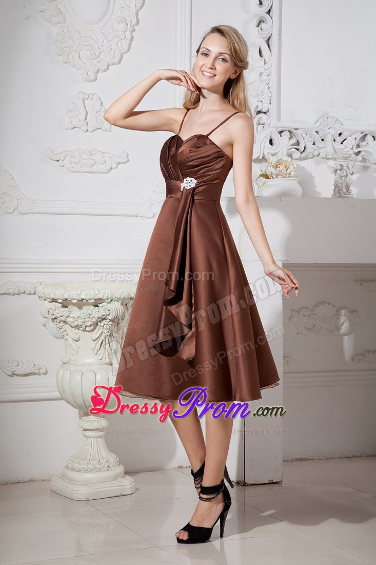 2013 Tea-length Brown Beaded Dama Dress with Spaghetti Straps