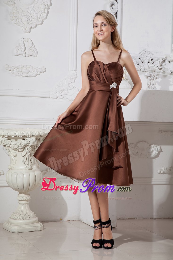 2013 Tea-length Brown Beaded Dama Dress with Spaghetti Straps
