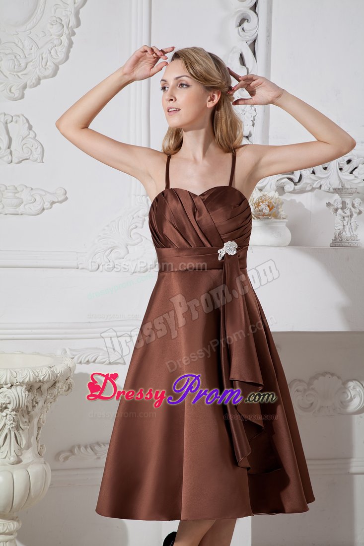 2013 Tea-length Brown Beaded Dama Dress with Spaghetti Straps