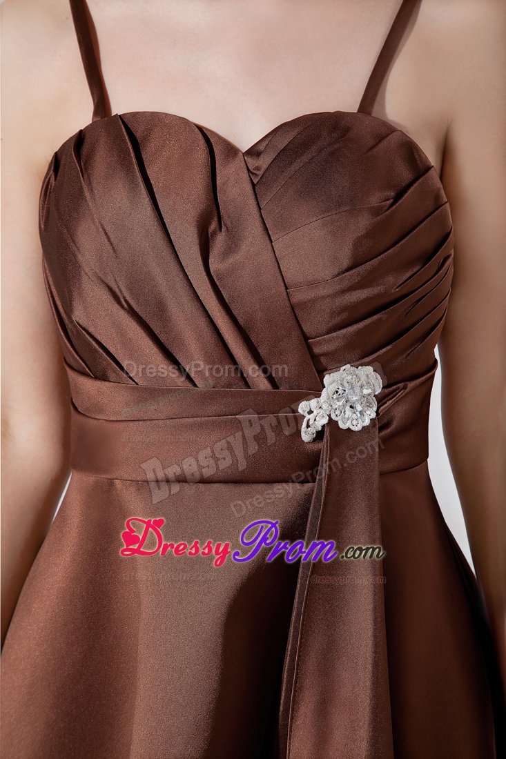2013 Tea-length Brown Beaded Dama Dress with Spaghetti Straps