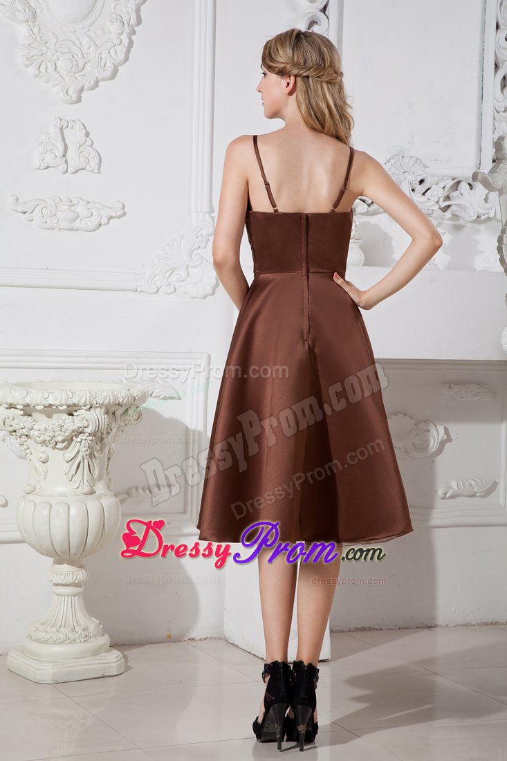 2013 Tea-length Brown Beaded Dama Dress with Spaghetti Straps