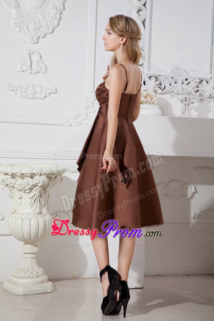 2013 Tea-length Brown Beaded Dama Dress with Spaghetti Straps