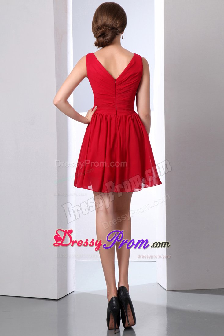 Wine Red Ruched Mini-length Chiffon Dama Dress with V-neck 2013