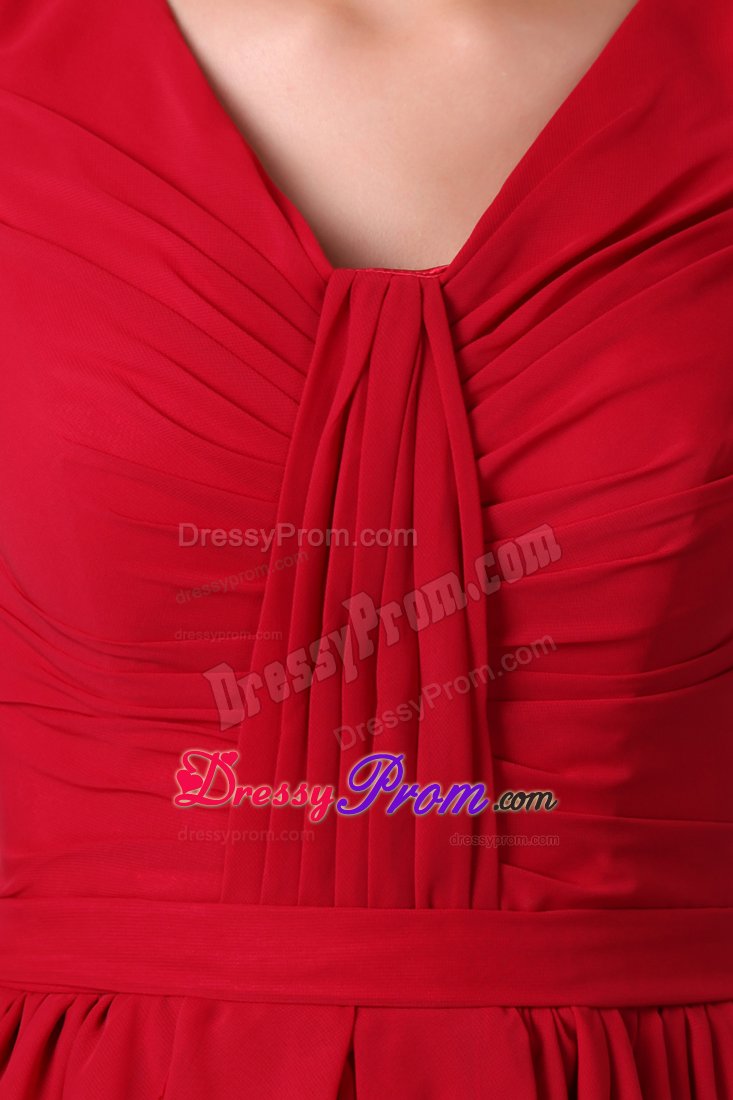 Wine Red Ruched Mini-length Chiffon Dama Dress with V-neck 2013