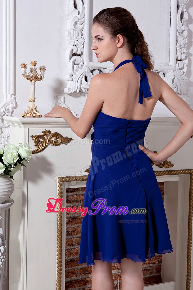 Mini-length Blue Empire Chiffon Bow Dama Dress with Halter Neck