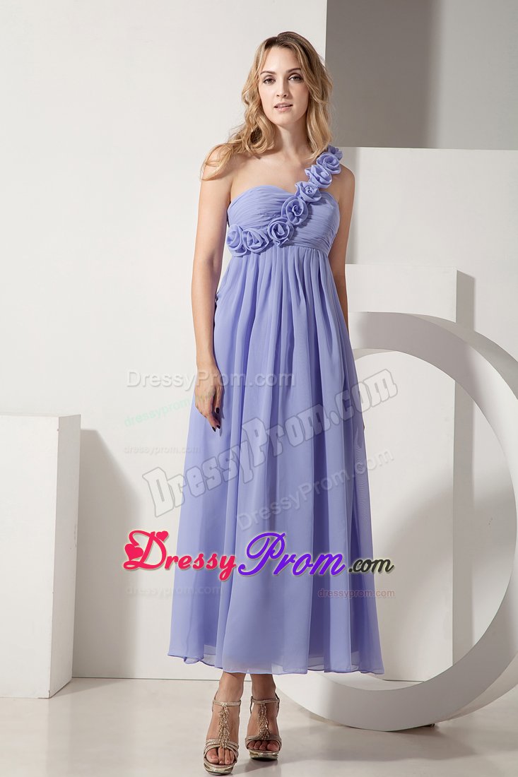 One Shoulder Lilac Chiffon Dama Dress with Hand Made Flowers
