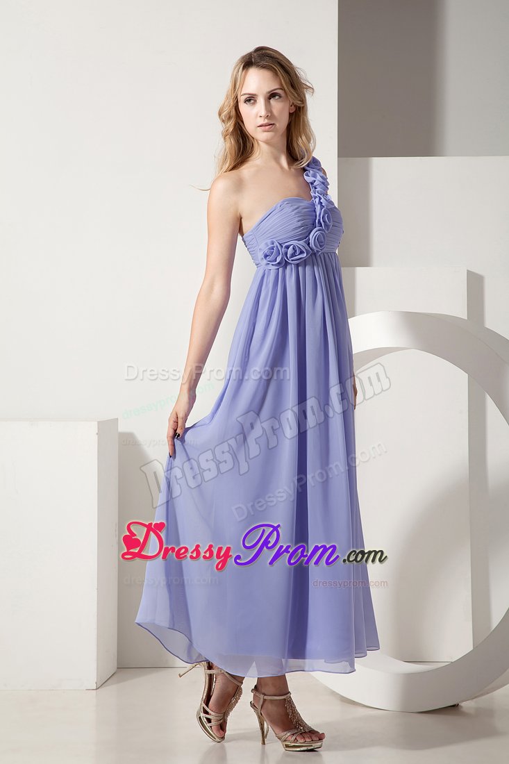One Shoulder Lilac Chiffon Dama Dress with Hand Made Flowers