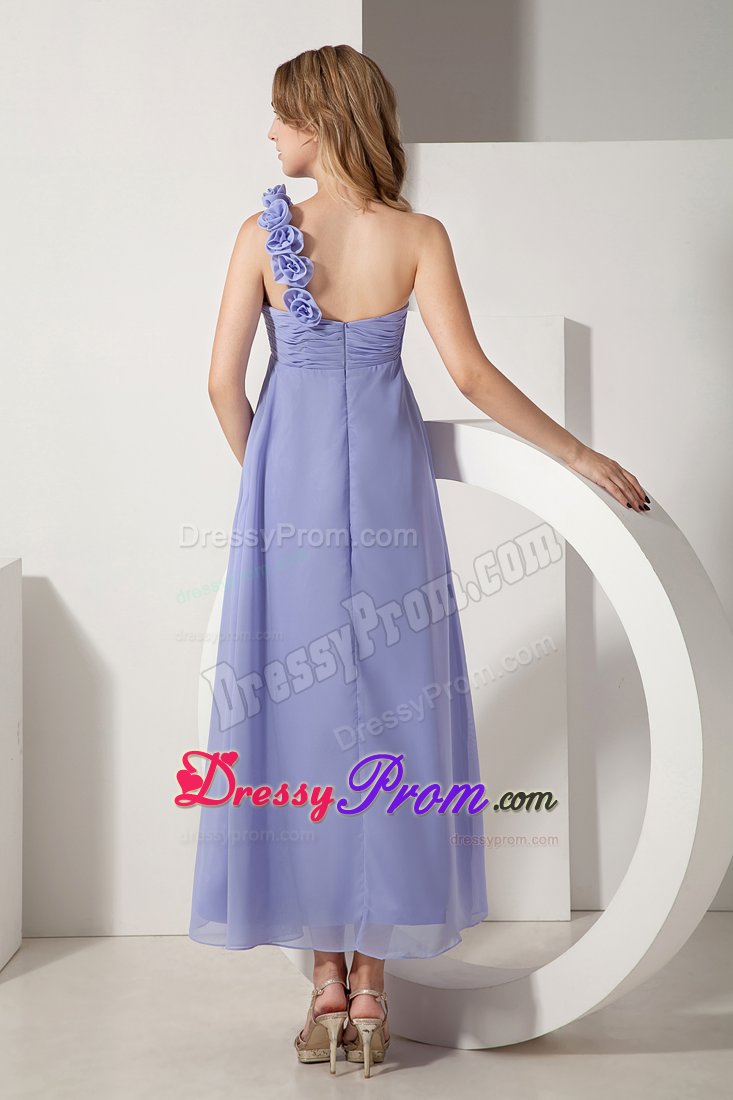 One Shoulder Lilac Chiffon Dama Dress with Hand Made Flowers