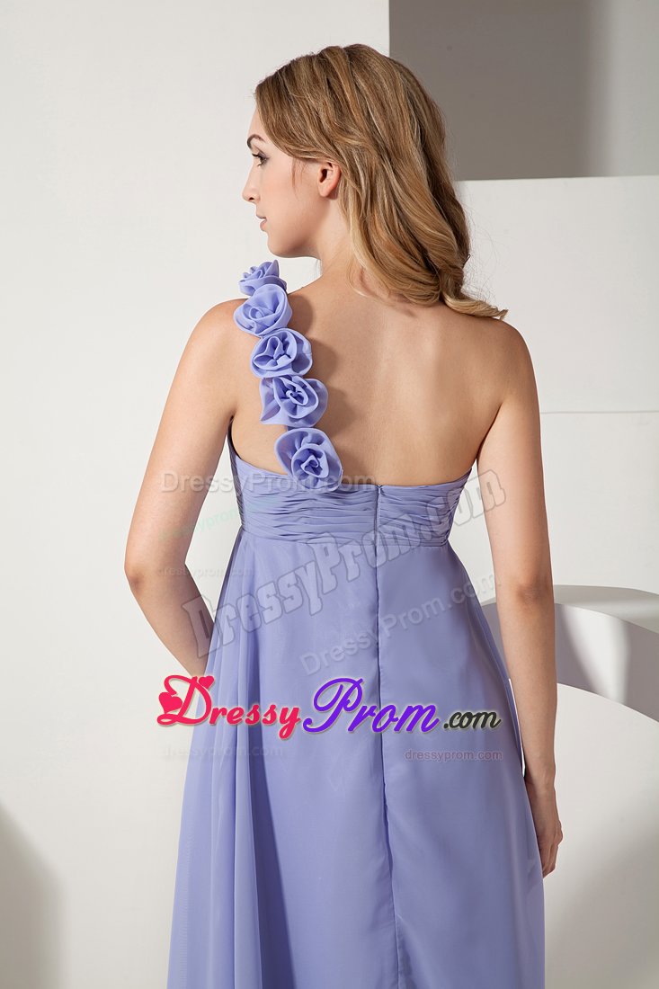 One Shoulder Lilac Chiffon Dama Dress with Hand Made Flowers