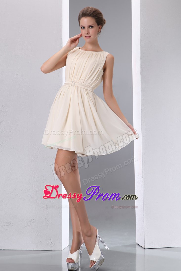 Mini-length Chiffon Champagne Scoop A-line Dama Dress Ruched