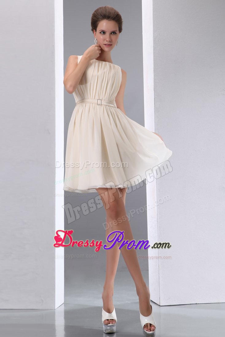 Mini-length Chiffon Champagne Scoop A-line Dama Dress Ruched