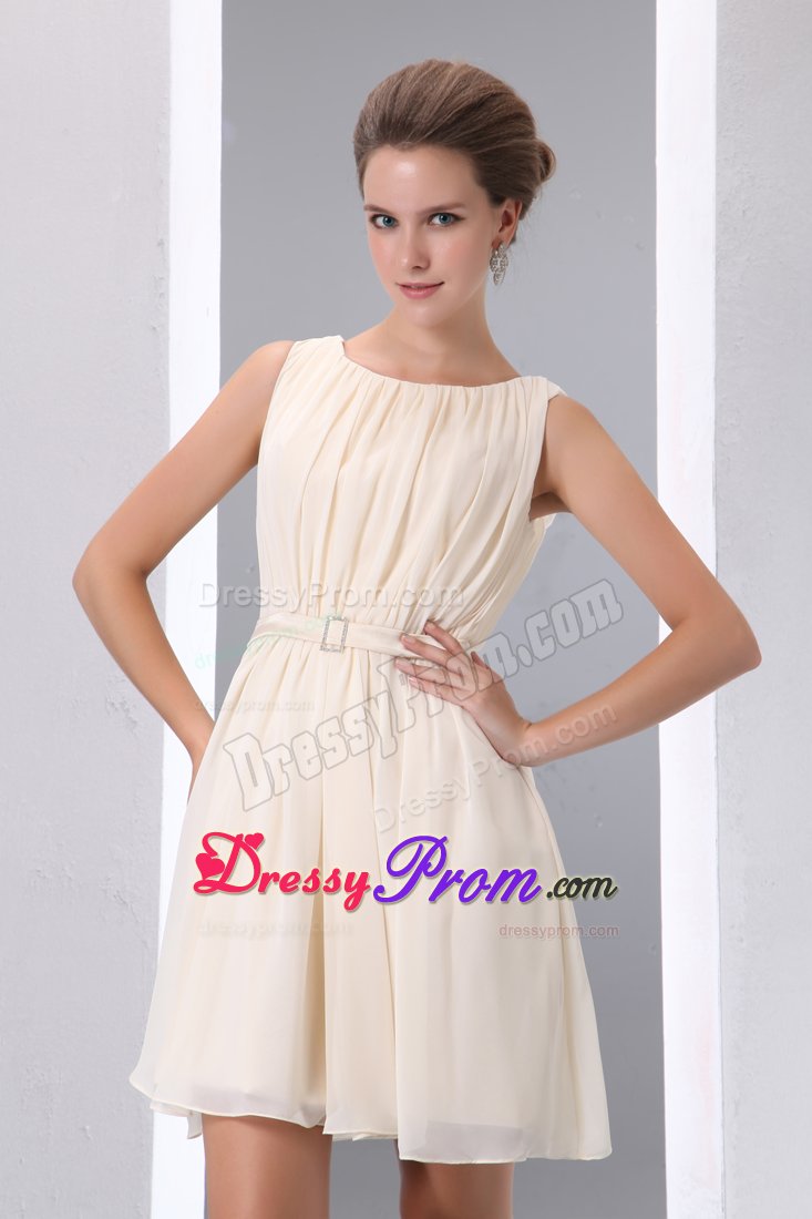 Mini-length Chiffon Champagne Scoop A-line Dama Dress Ruched