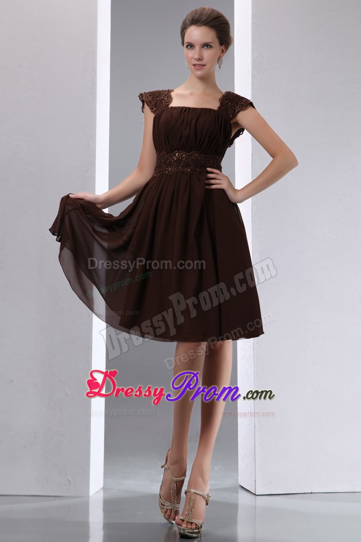 Brown Square A-line Chiffon Knee-length Dama Dress with Beading