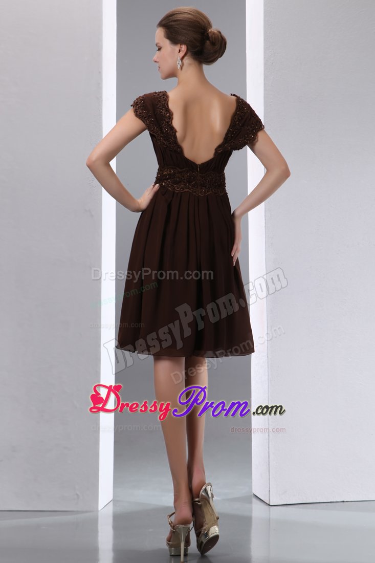 Brown Square A-line Chiffon Knee-length Dama Dress with Beading