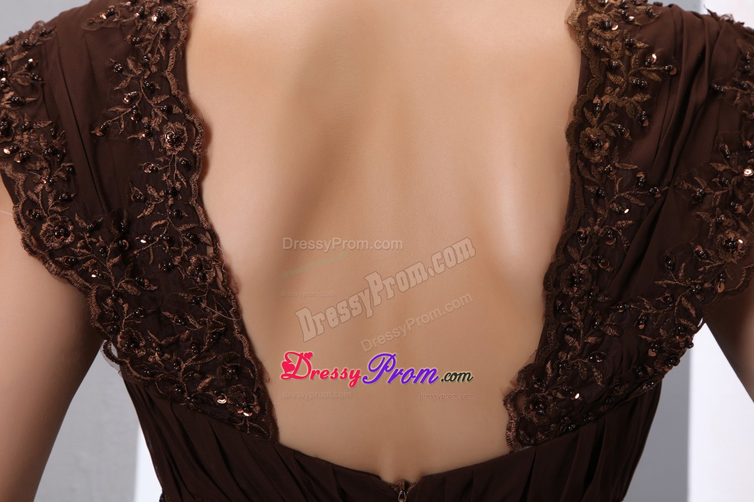Brown Square A-line Chiffon Knee-length Dama Dress with Beading