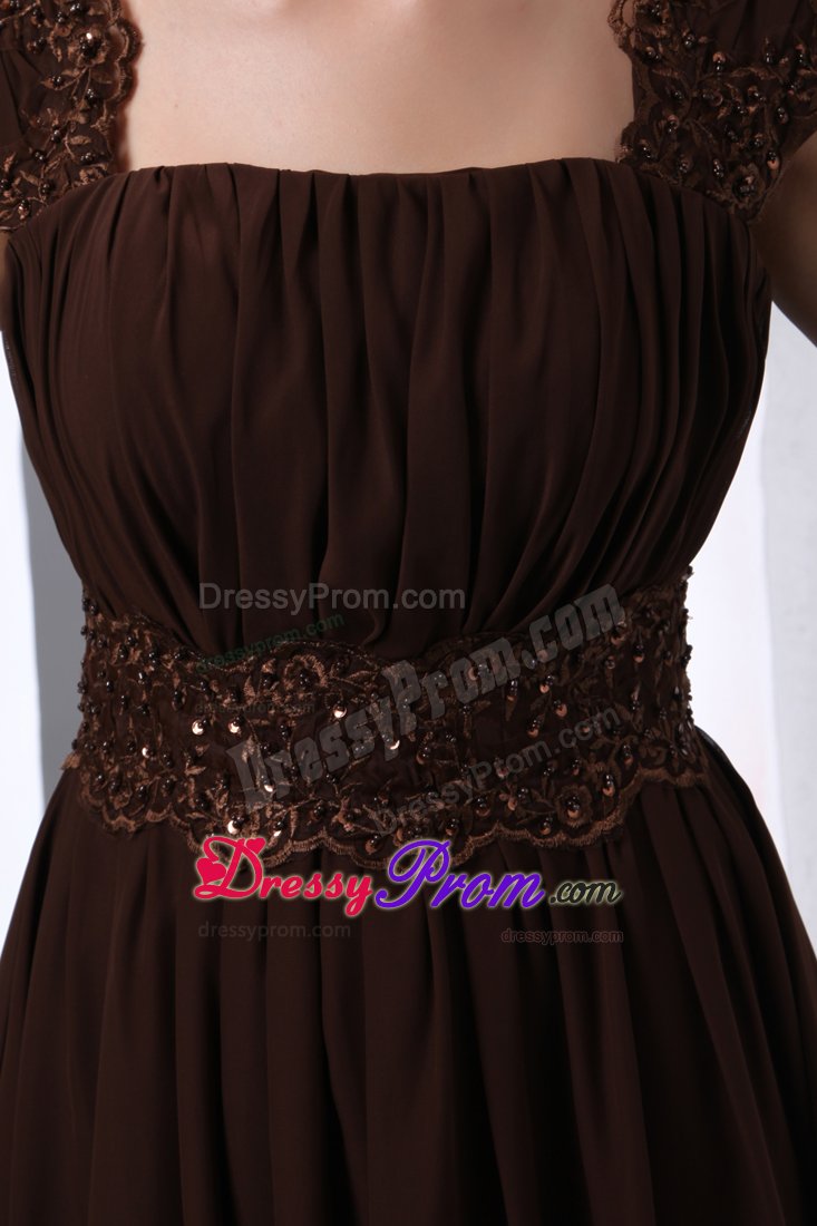 Brown Square A-line Chiffon Knee-length Dama Dress with Beading