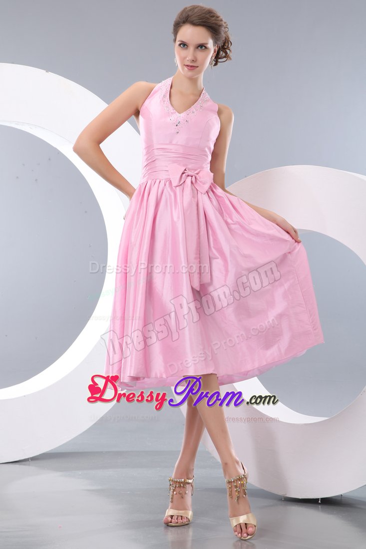 Pink Halter Tea-length Taffeta Dama Dress with Beads and Bow