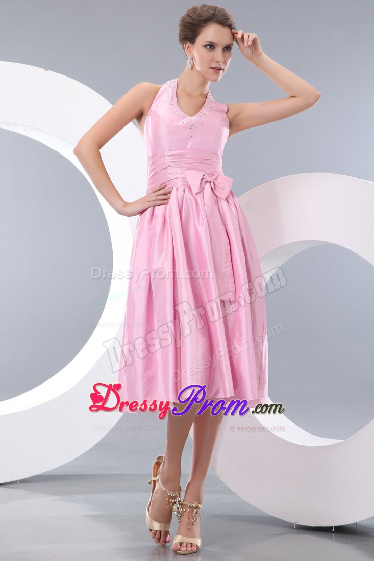 Pink Halter Tea-length Taffeta Dama Dress with Beads and Bow