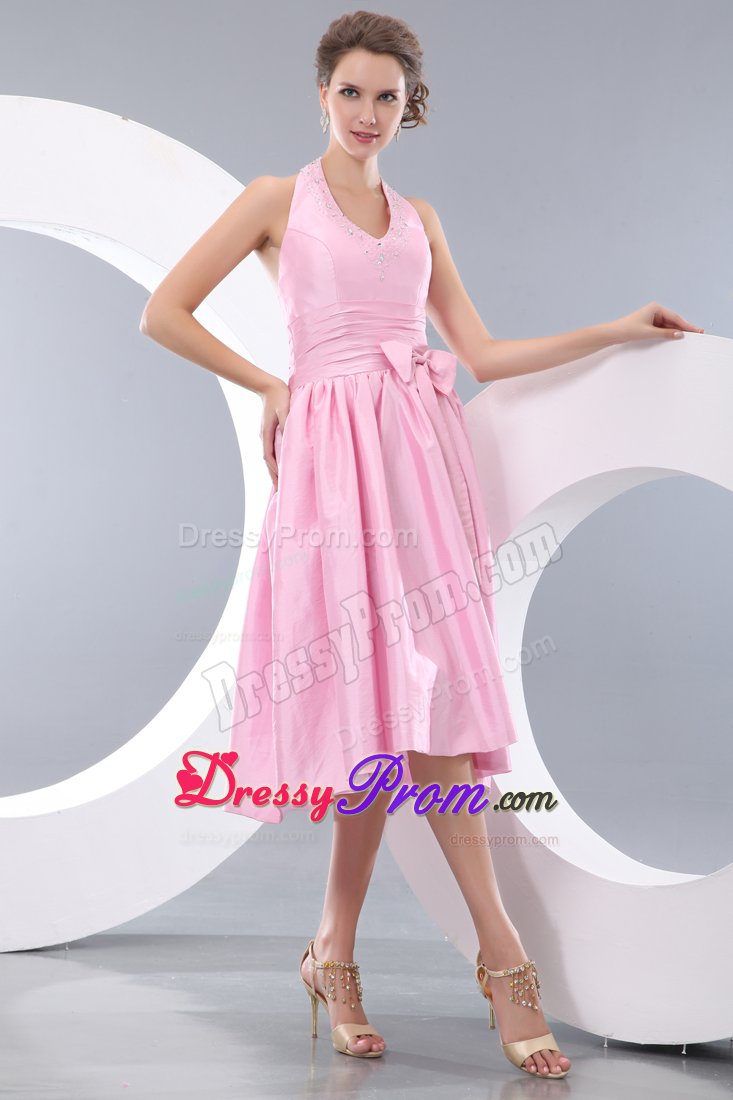 Pink Halter Tea-length Taffeta Dama Dress with Beads and Bow