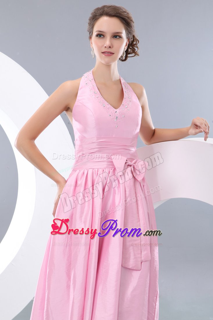 Pink Halter Tea-length Taffeta Dama Dress with Beads and Bow