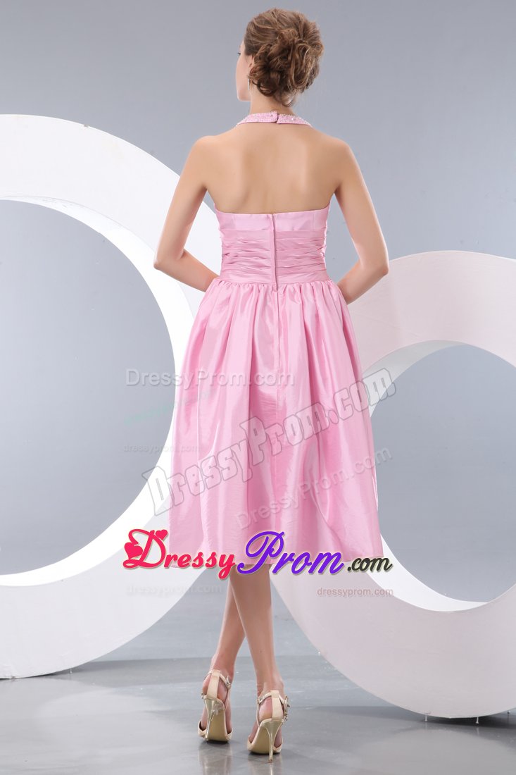Pink Halter Tea-length Taffeta Dama Dress with Beads and Bow