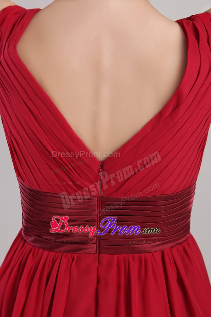 Wine Red V-neck Empire Chiffon Knee-length Dama Dress Sashed