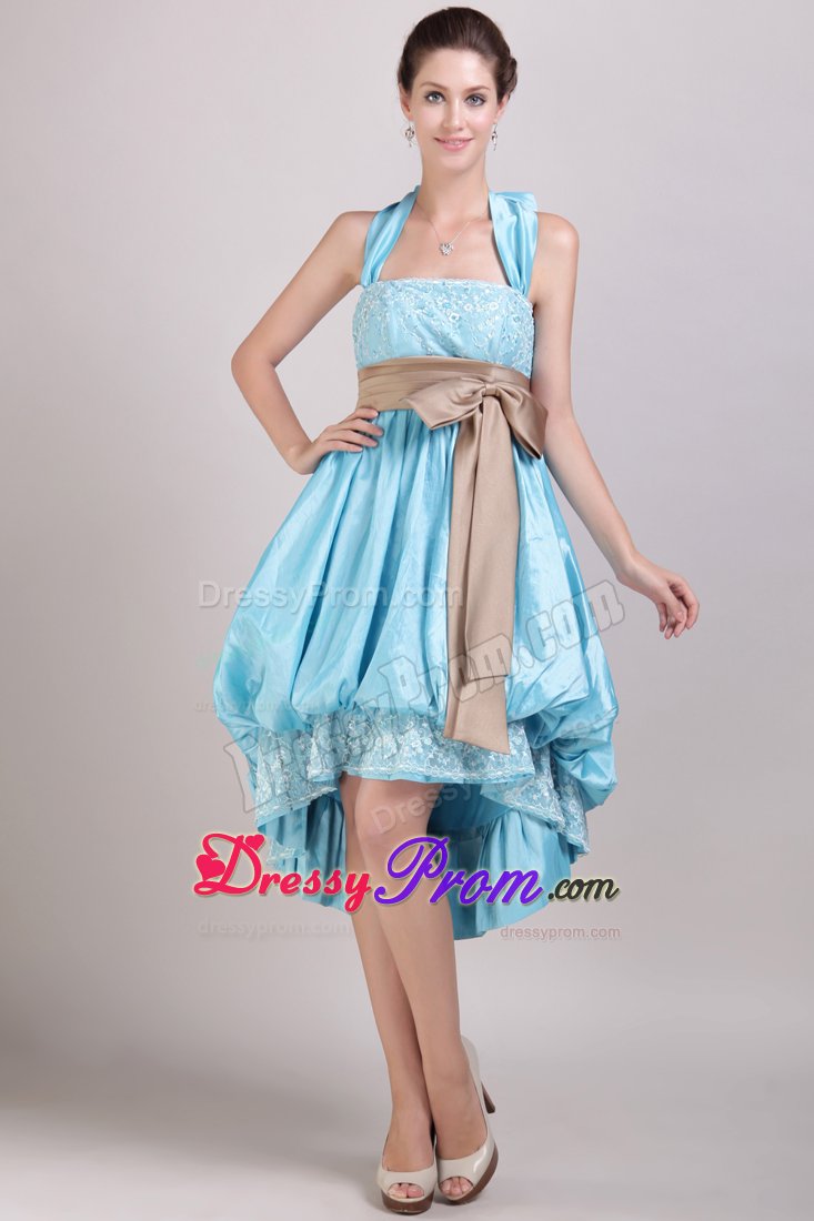 High-low Aqua Blue Halter Taffeta Appliques Bowknot Dama Dress
