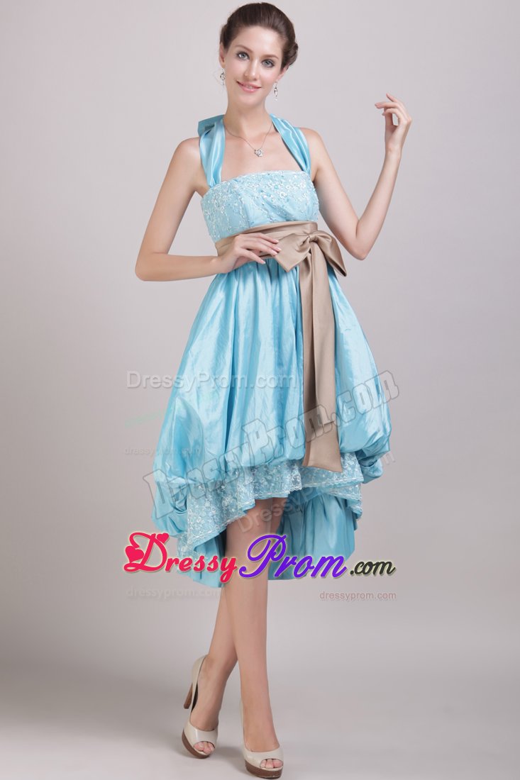 High-low Aqua Blue Halter Taffeta Appliques Bowknot Dama Dress