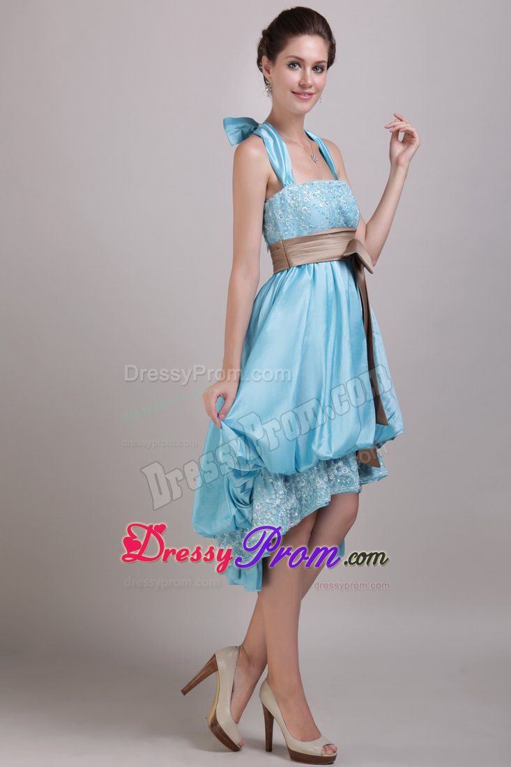 High-low Aqua Blue Halter Taffeta Appliques Bowknot Dama Dress