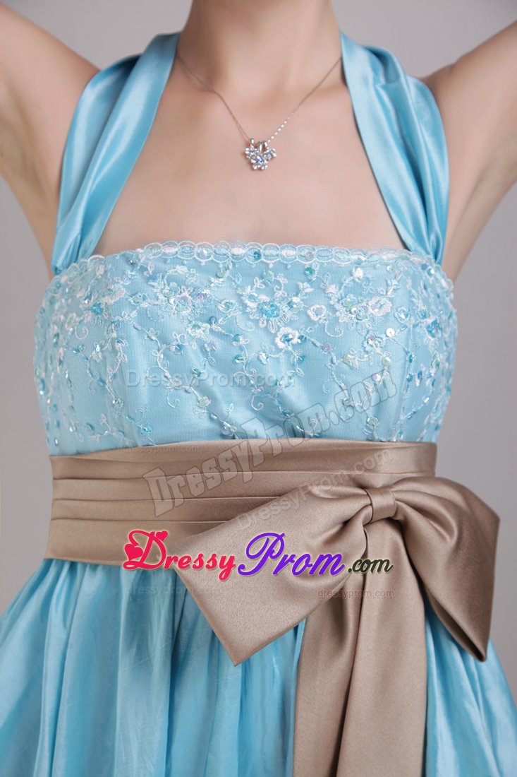 High-low Aqua Blue Halter Taffeta Appliques Bowknot Dama Dress