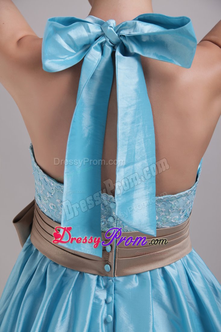 High-low Aqua Blue Halter Taffeta Appliques Bowknot Dama Dress
