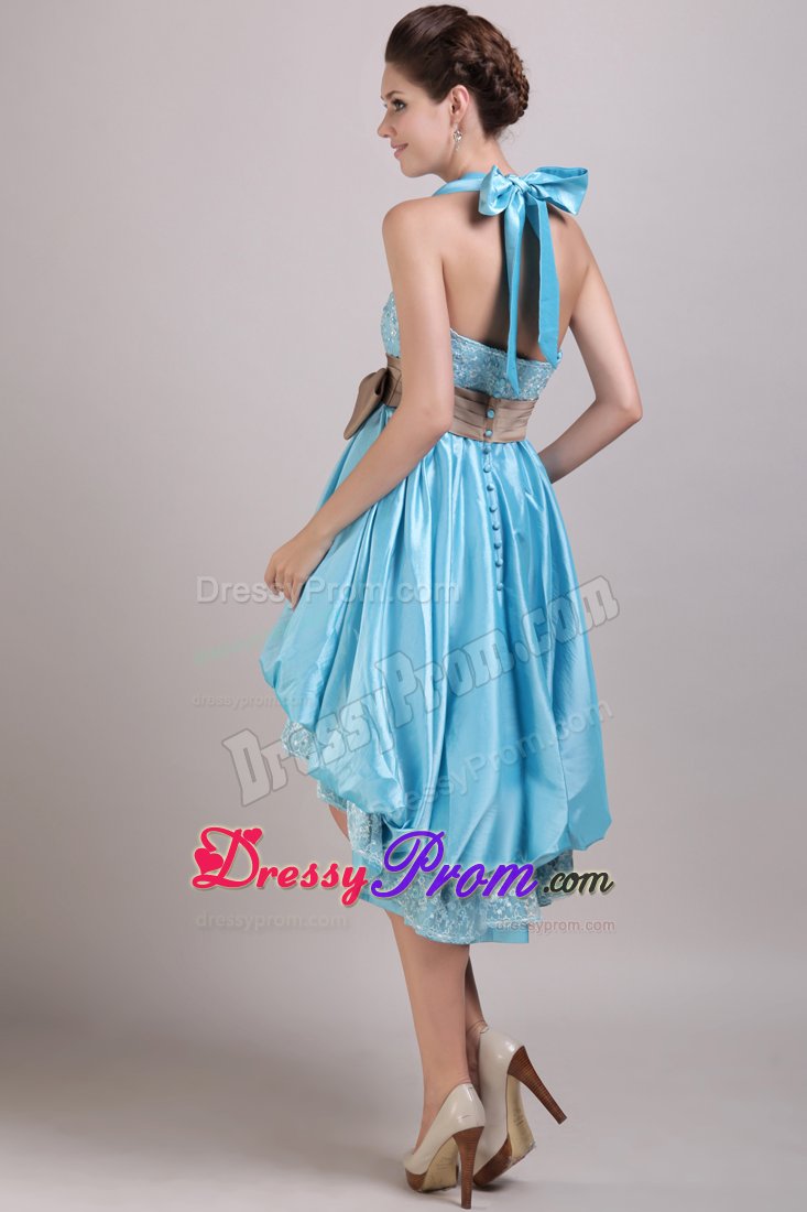 High-low Aqua Blue Halter Taffeta Appliques Bowknot Dama Dress