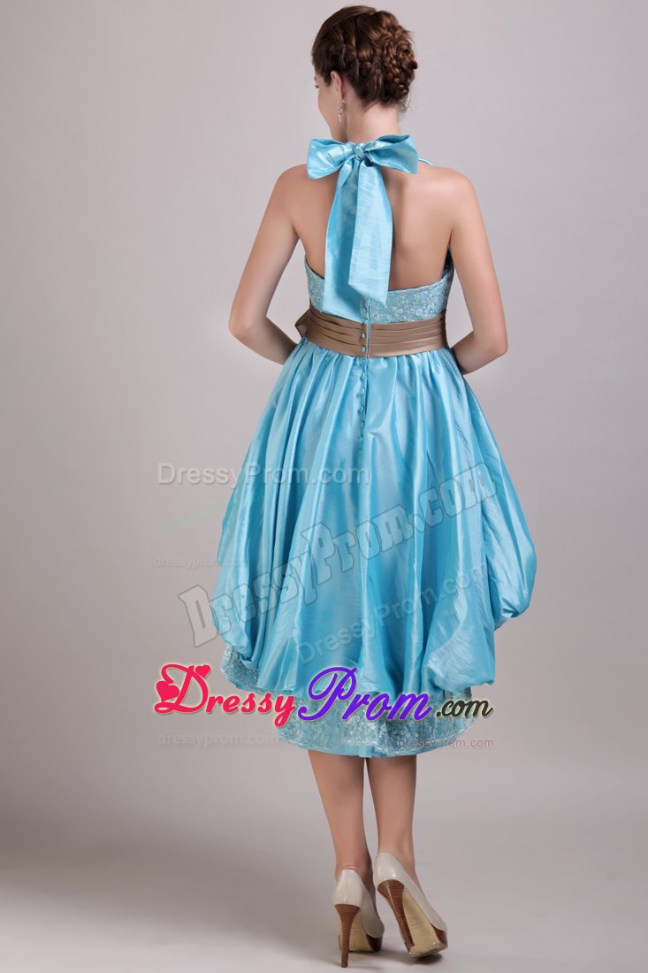 High-low Aqua Blue Halter Taffeta Appliques Bowknot Dama Dress