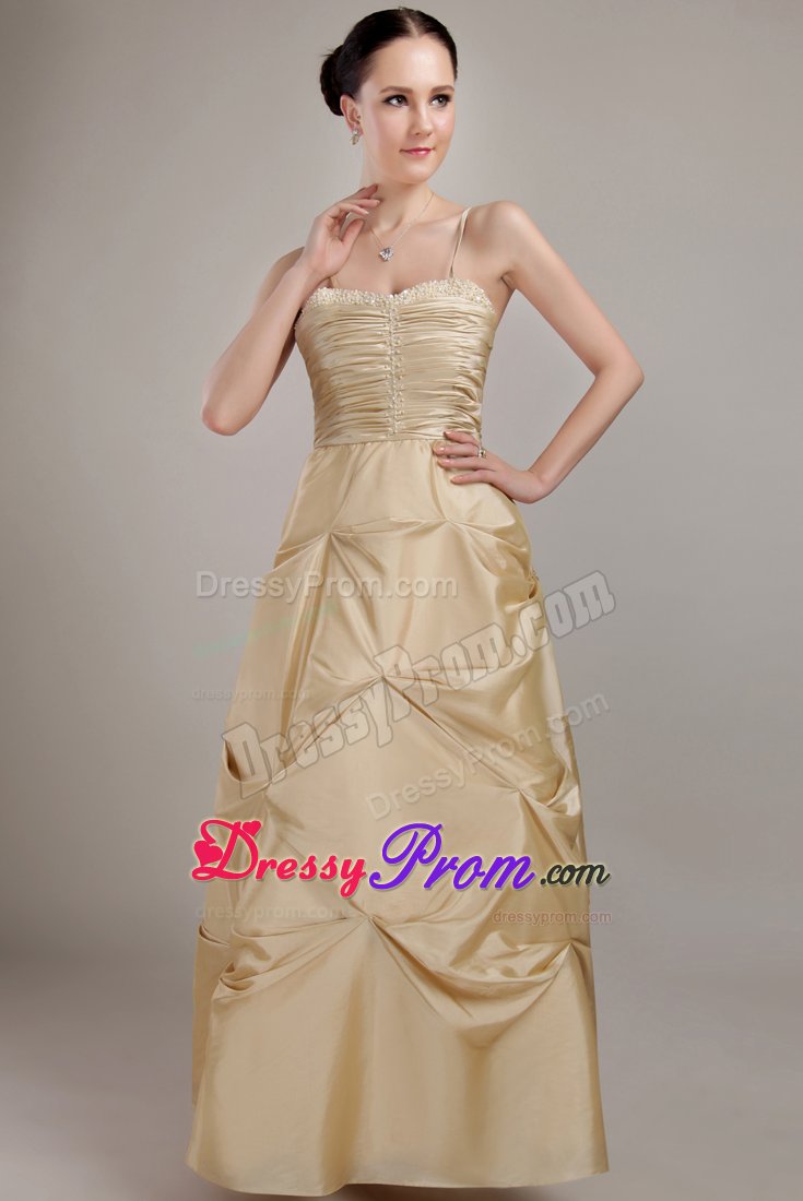 Champagne Spaghetti Straps Taffeta Beaded Ruche Dama Dresses