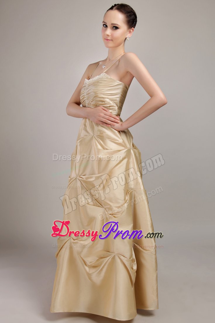 Champagne Spaghetti Straps Taffeta Beaded Ruche Dama Dresses
