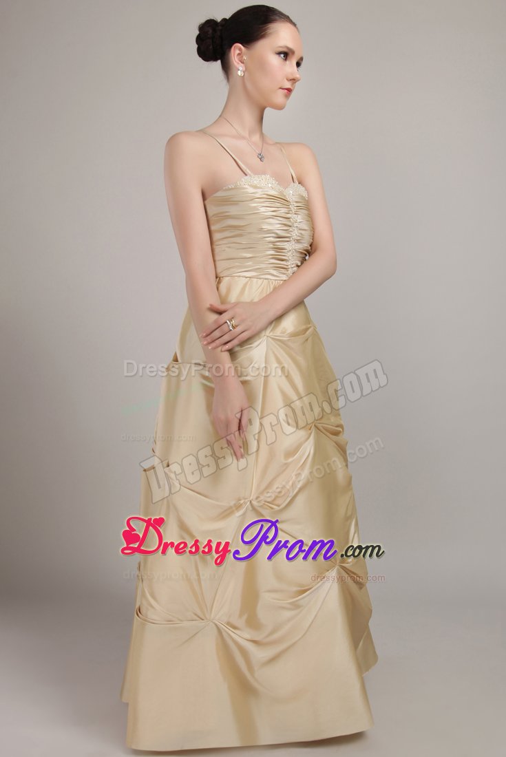 Champagne Spaghetti Straps Taffeta Beaded Ruche Dama Dresses