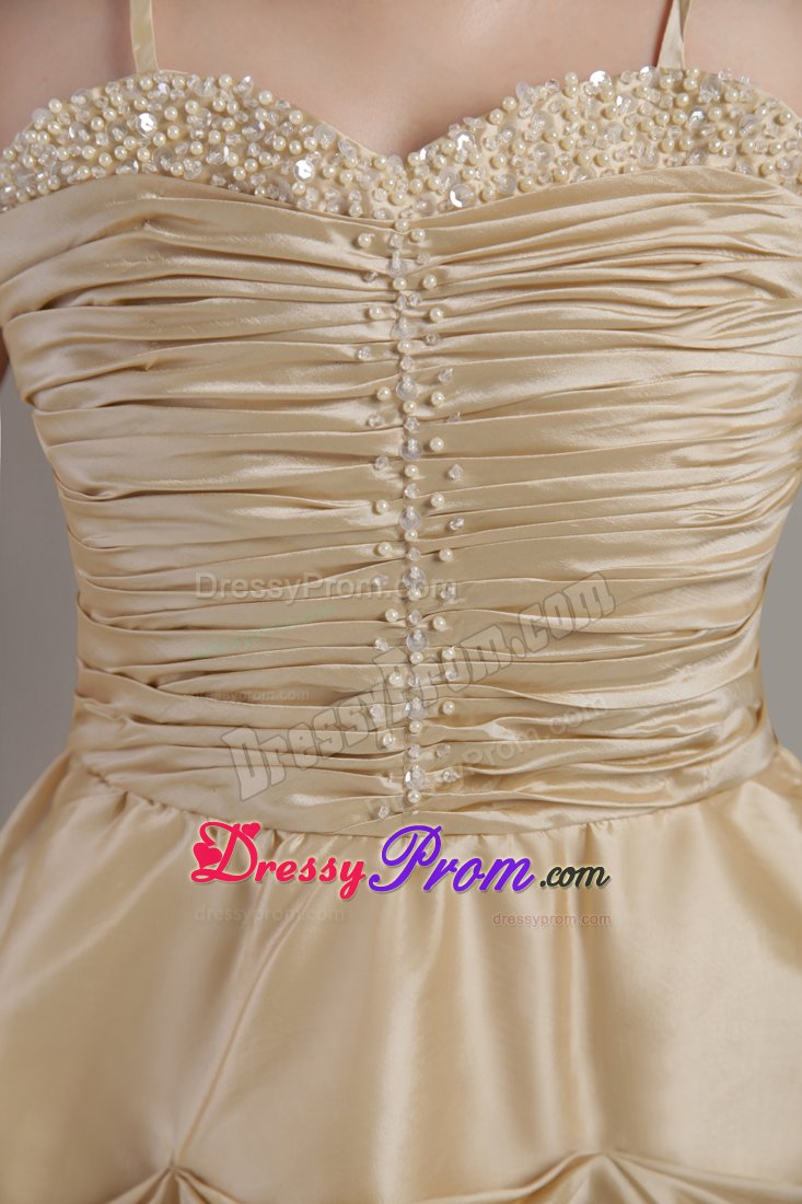 Champagne Spaghetti Straps Taffeta Beaded Ruche Dama Dresses