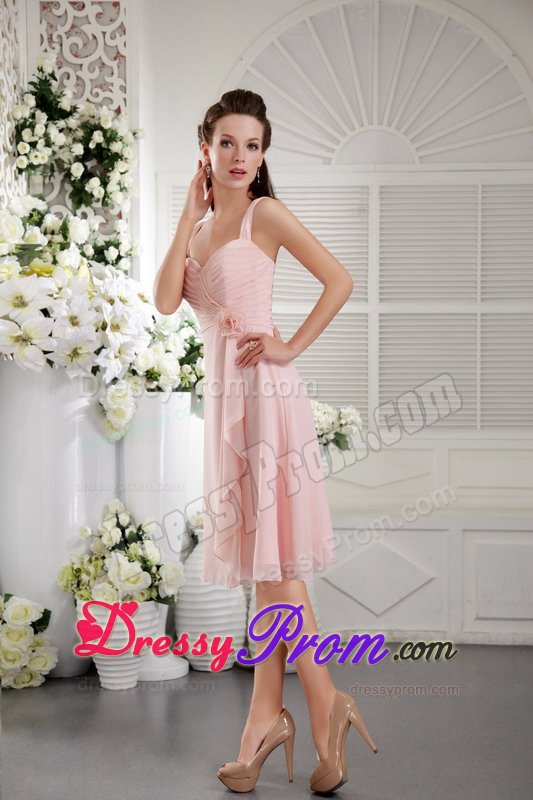 Tea-length Straps Baby Pink Hand Made Flower Dama Dress Ruched