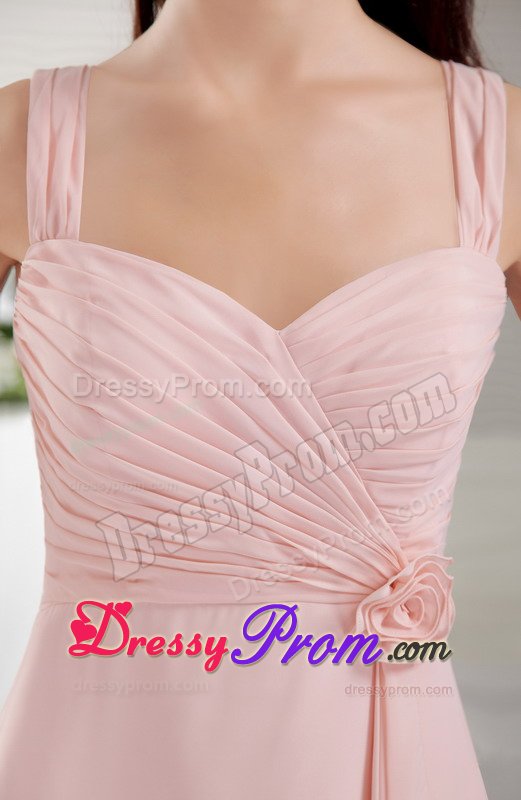 Tea-length Straps Baby Pink Hand Made Flower Dama Dress Ruched