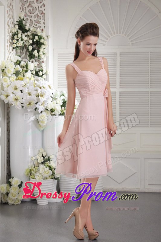 Tea-length Straps Baby Pink Hand Made Flower Dama Dress Ruched