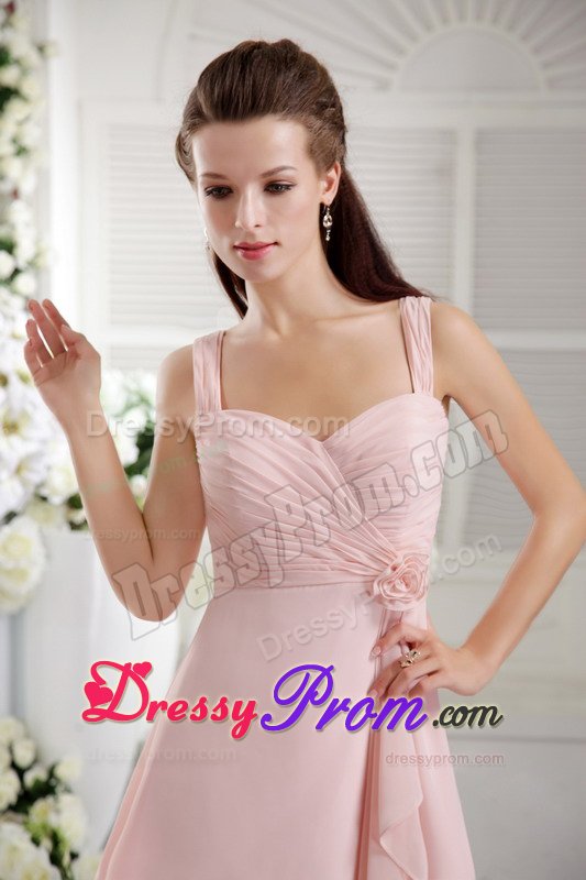 Tea-length Straps Baby Pink Hand Made Flower Dama Dress Ruched