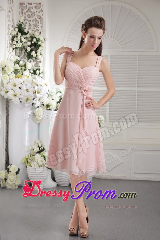 Tea-length Straps Baby Pink Hand Made Flower Dama Dress Ruched