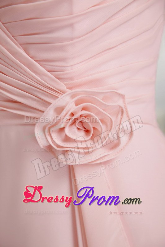 Tea-length Straps Baby Pink Hand Made Flower Dama Dress Ruched